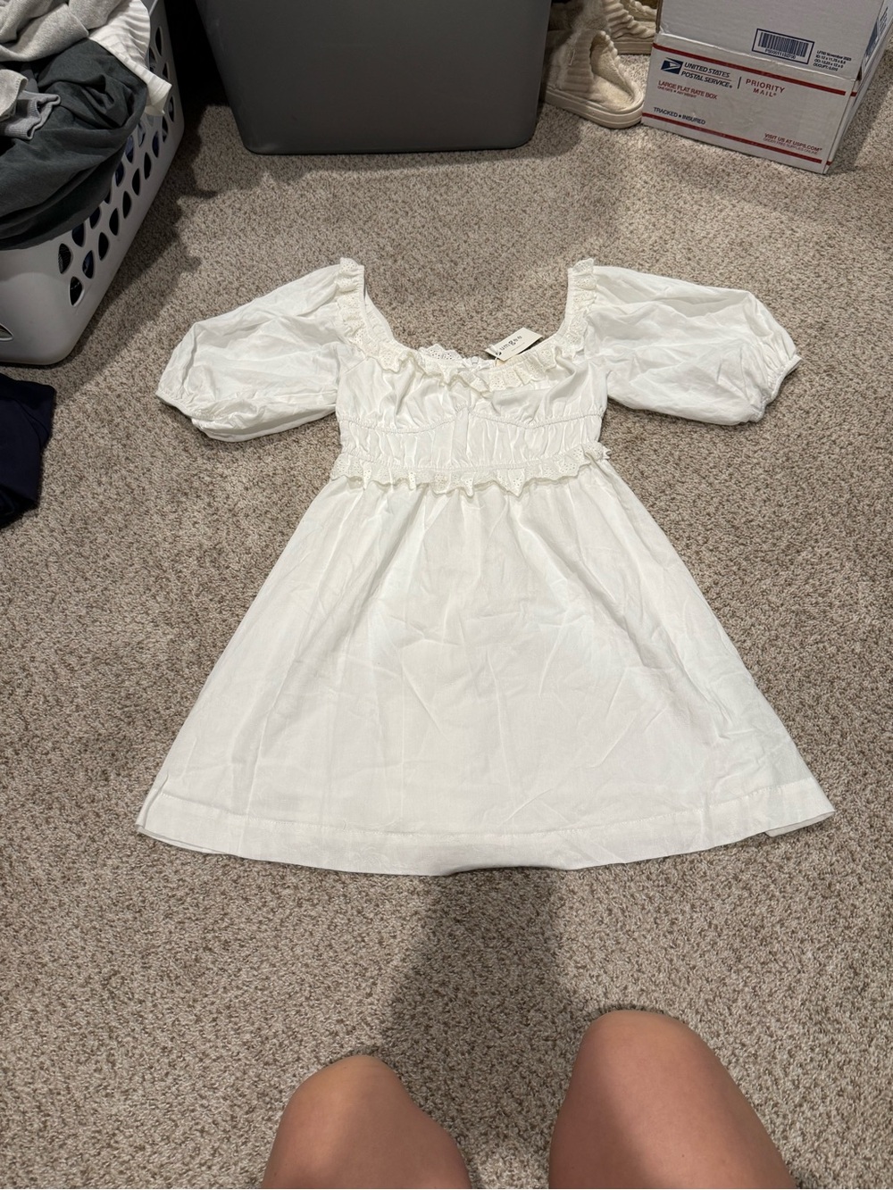 Umgee White Puff-Sleeve Smocked Waist Mini Dress